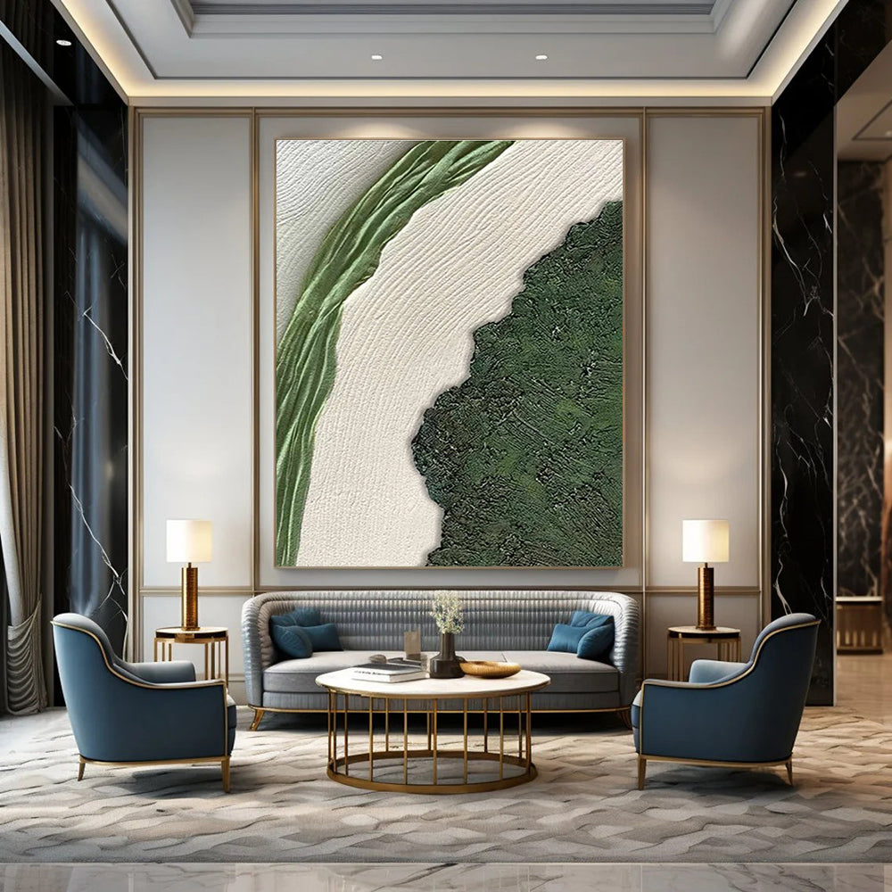 Textured Green and White Landscape Painting for Nature - Inspired Minimalist Spaces HENG316