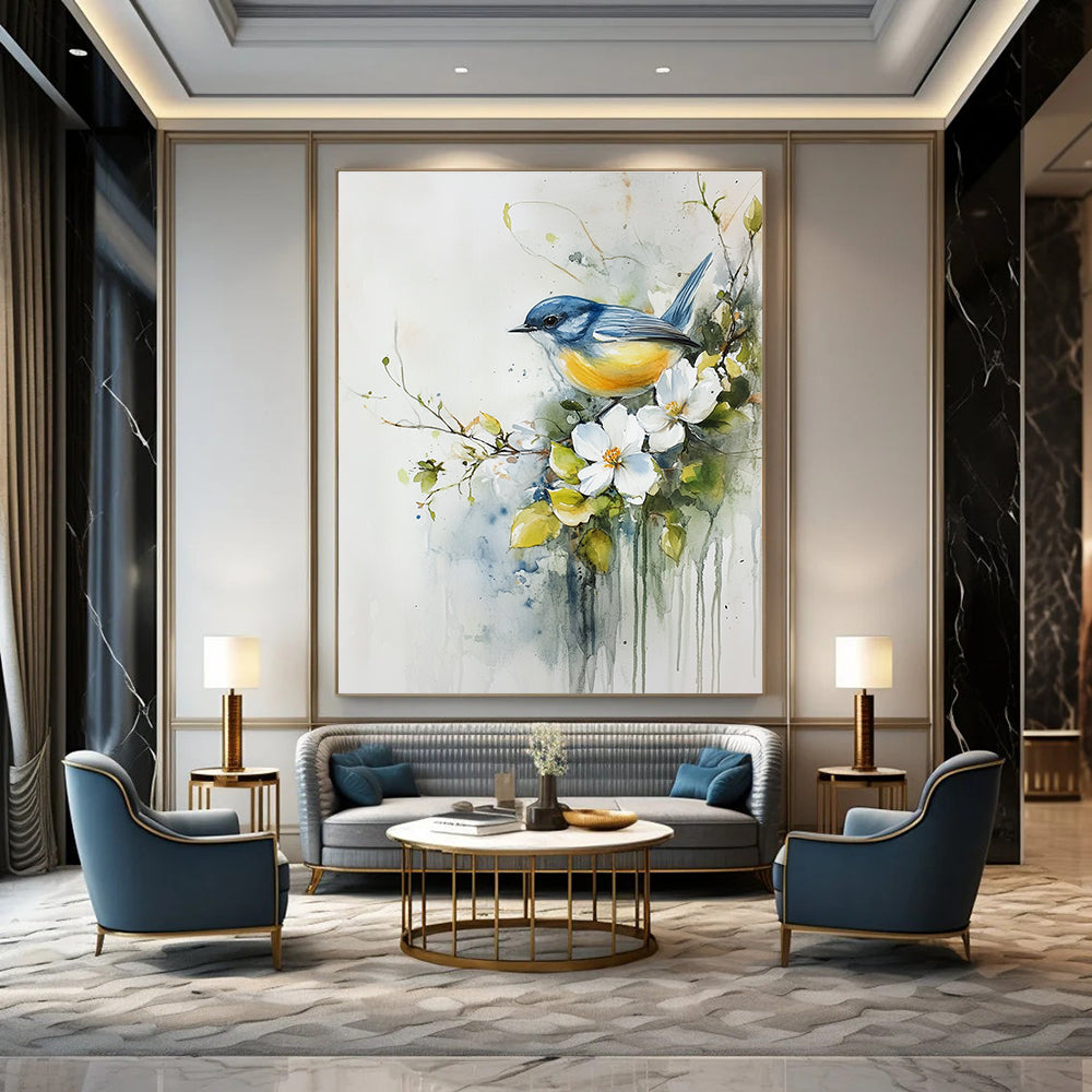 Delicate Bird and Flowers Abstract Painting with Watercolor Whimsy GAB0017