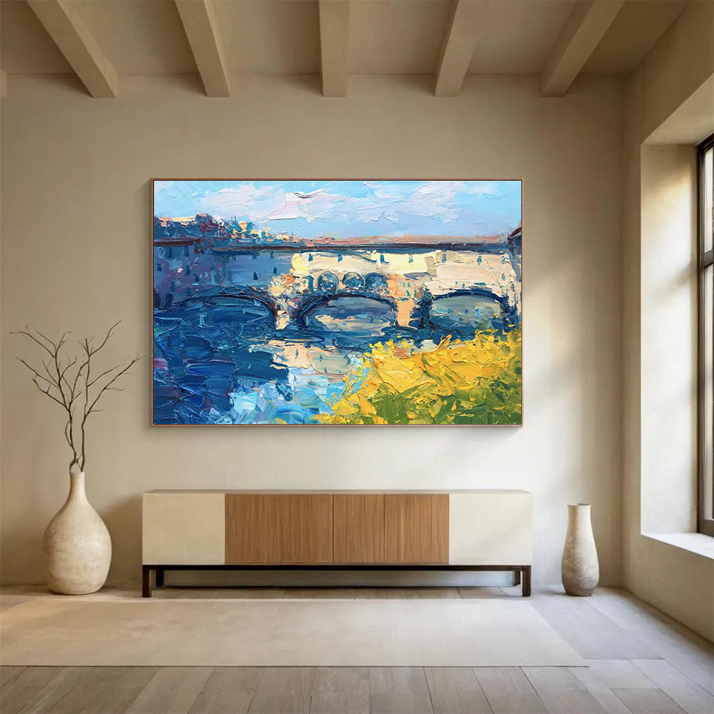 Bridge and Flowers Abstract Painting for Riverfront Restaurant Dining Areas YHT435