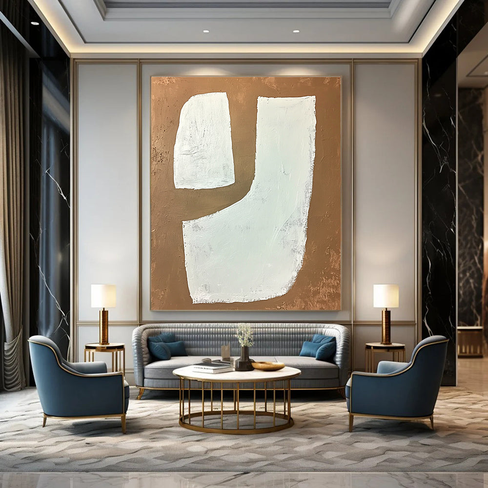 White Shapes on Brown Geometric Abstract Painting for Modern Decor GAB1533