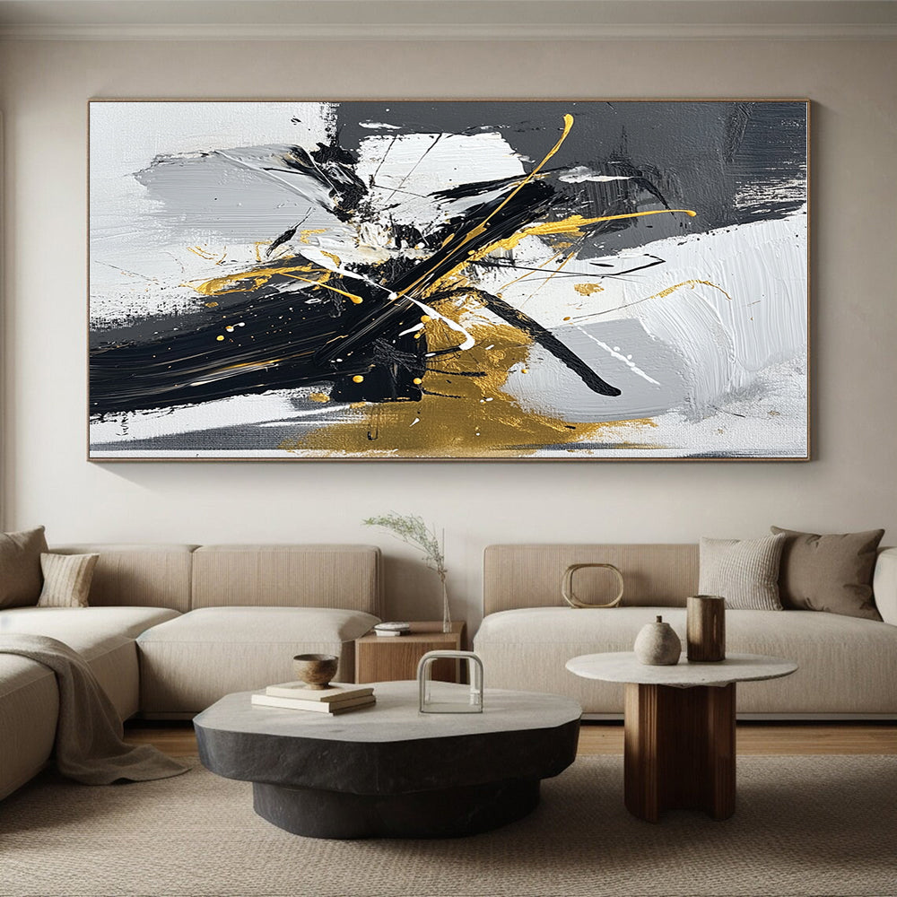 Black White and Gold Splash Abstract Painting with Dynamic Luxury WINK020