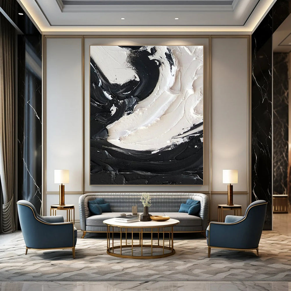 Black - White Swirl Textured Abstract Painting for Contemporary Bedrooms HENG385