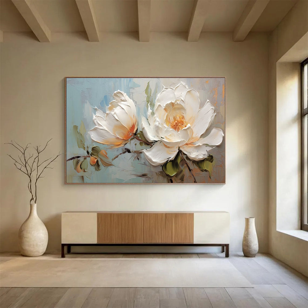 White Peony Abstract Painting for Sophisticated Bedrooms YHT174