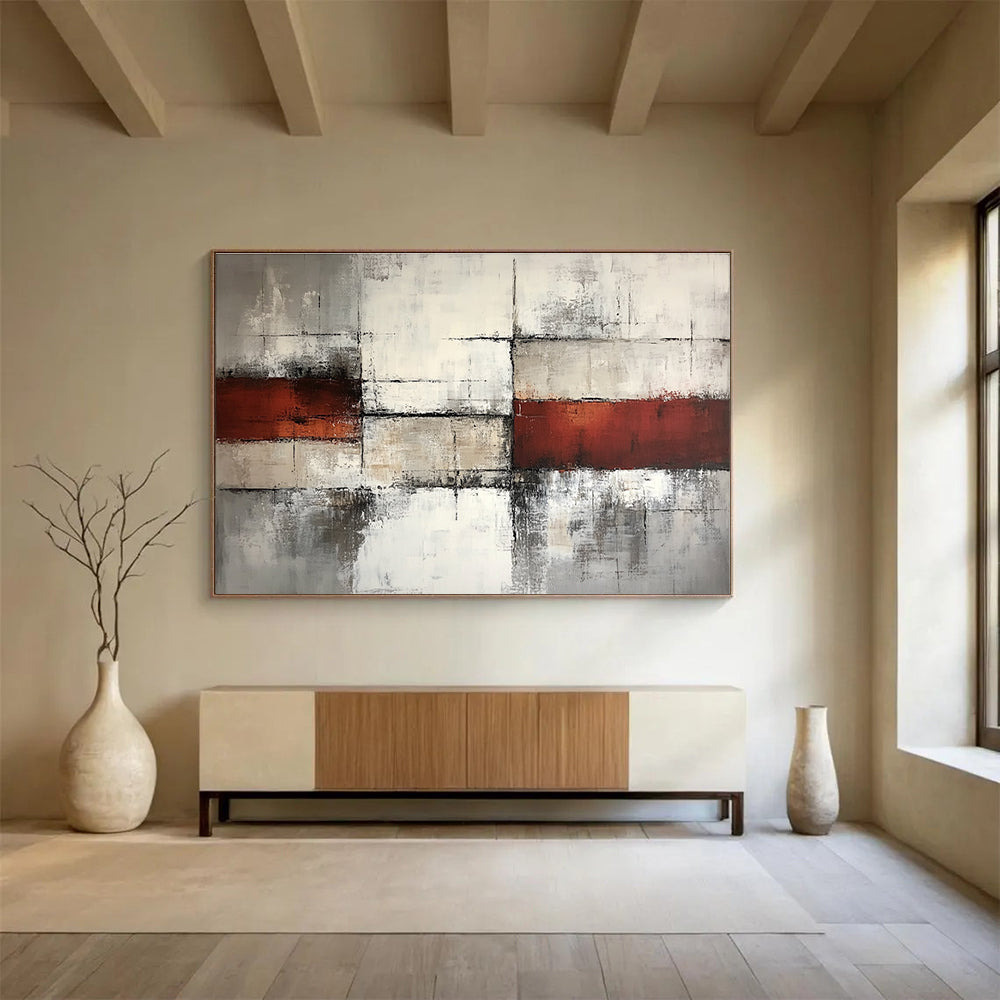 Gray, White, and Red Abstract Painting ABS589