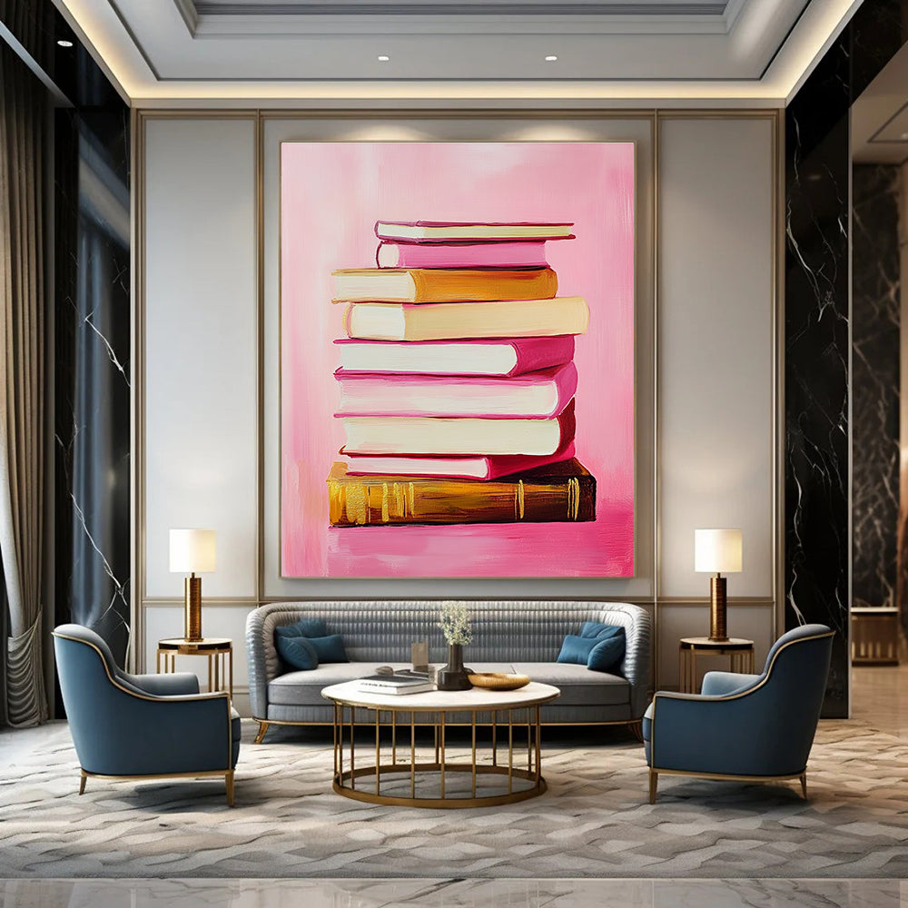 Pink Book Stack Whimsical Still - Life Abstract Painting GAB0368