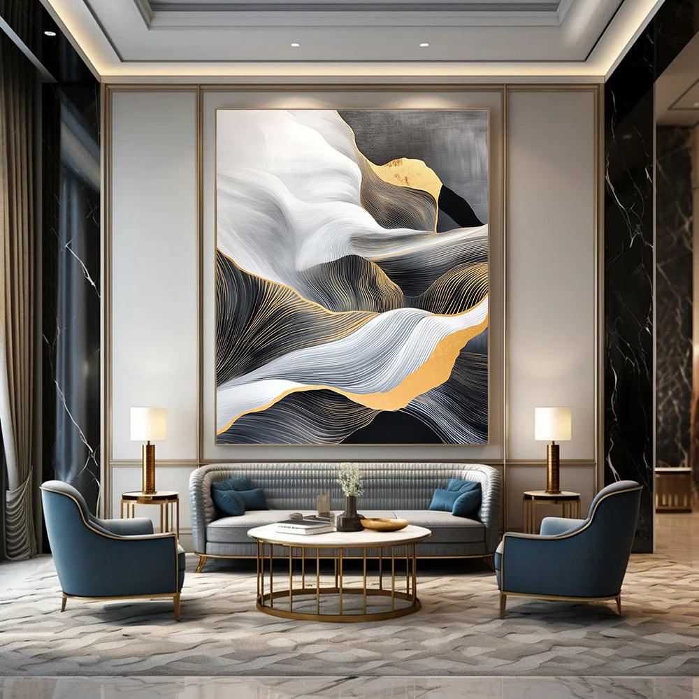Golden - Lined Wave Abstract Painting for Sophisticated Living Rooms GAB0820