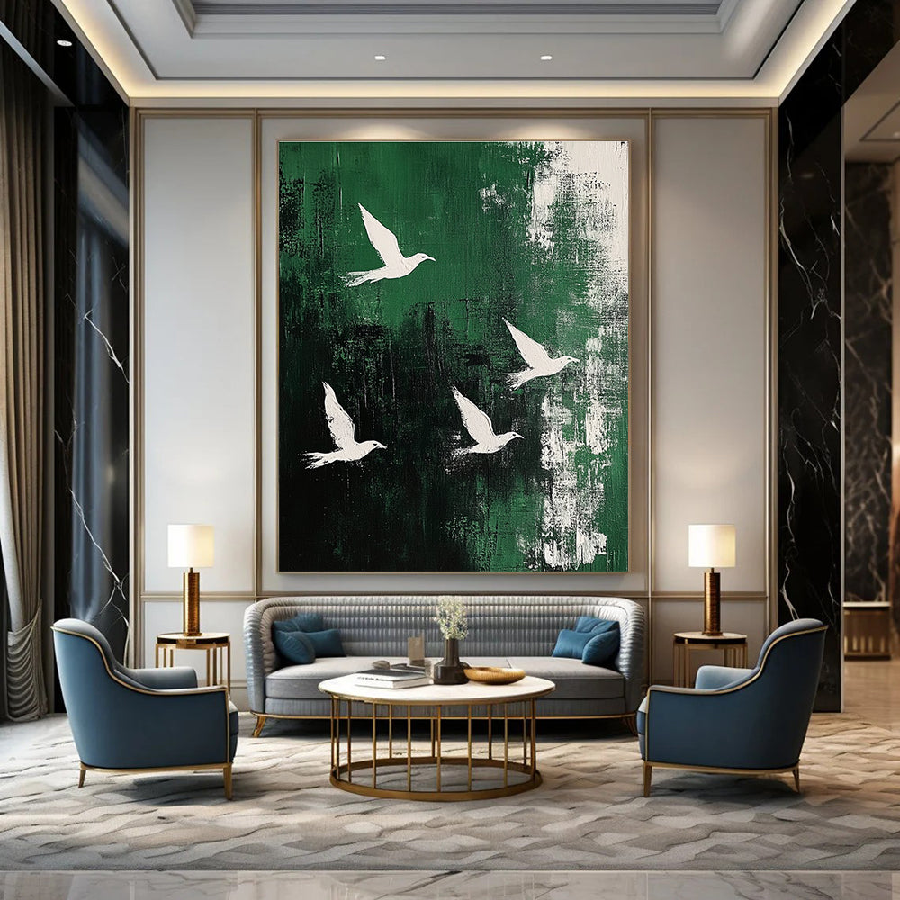 White Birds on Green Abstract Painting for Nature - Loving Cafes GAB0826