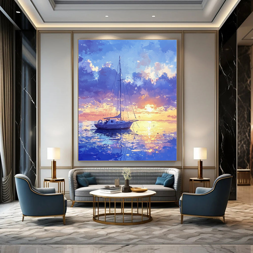 Sailboat at Sunset Romantic Coastal Abstract Painting GAB0330