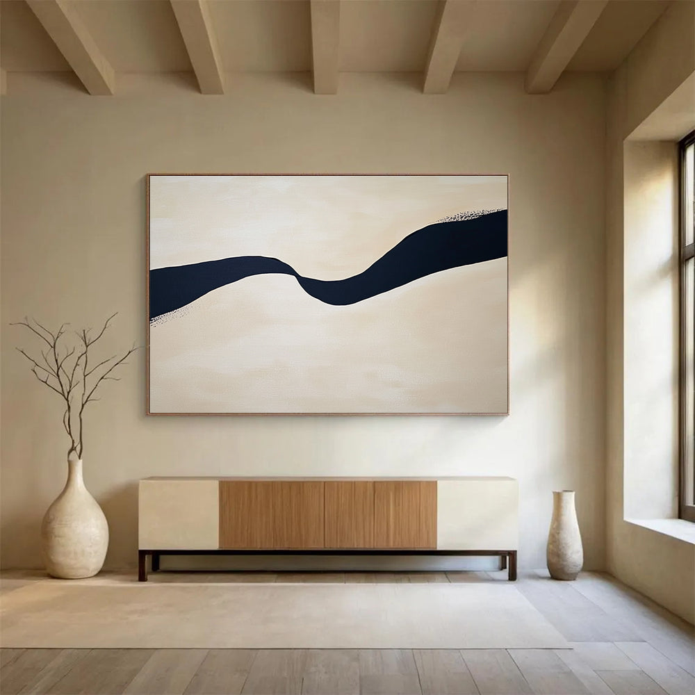 Wavy Black Line on Beige Abstract Painting ABS585