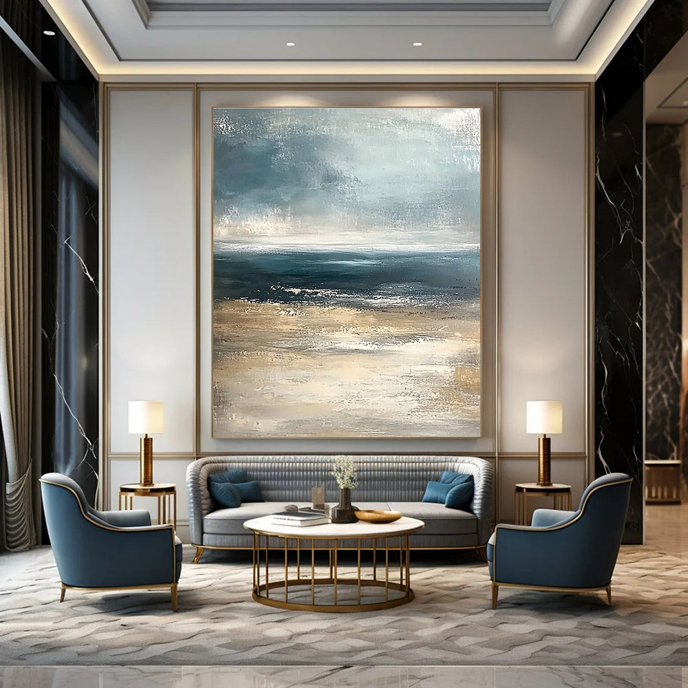 Textured Blue - Beige Sea Abstract Painting: Raw Coastal Charm for Gatherings GAB0959