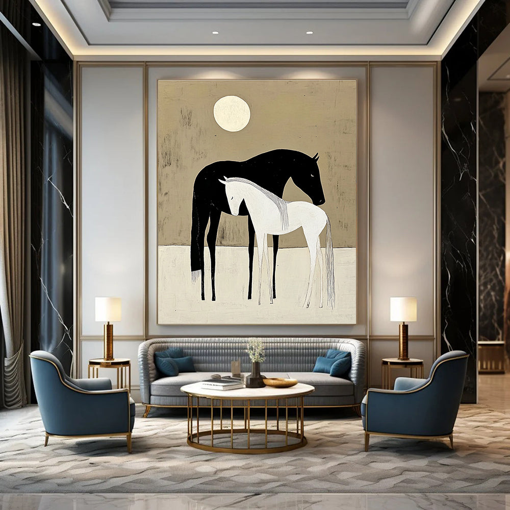 Serene Black and White Horses Under Moon Abstract Painting GAB0034