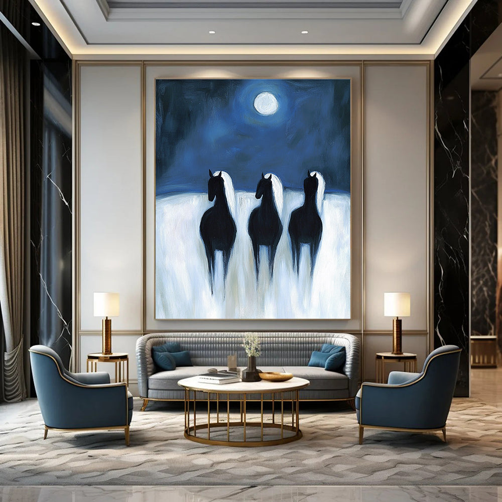 Horses Under Moon Serene Abstract Painting for Nature - Inspired Spaces GAB1490