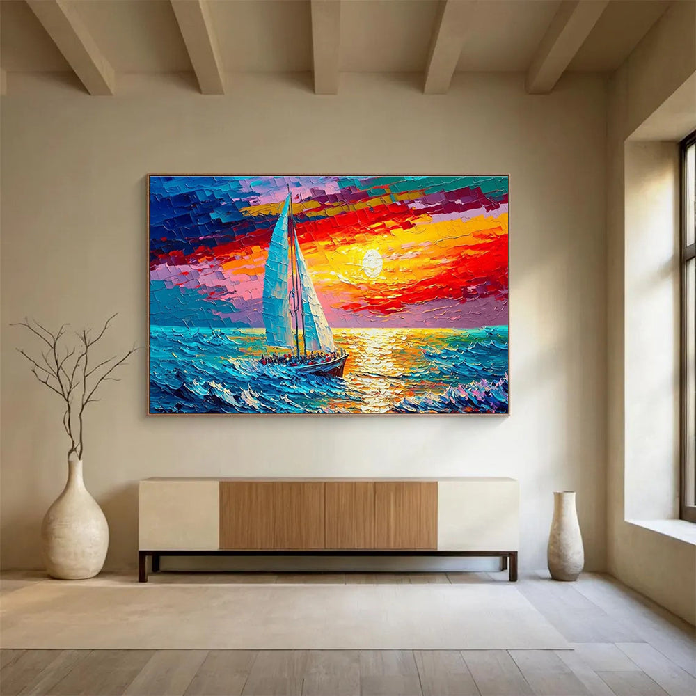 Sailboat at Sunset Abstract Painting for Nautical - Themed Living Rooms YHT312
