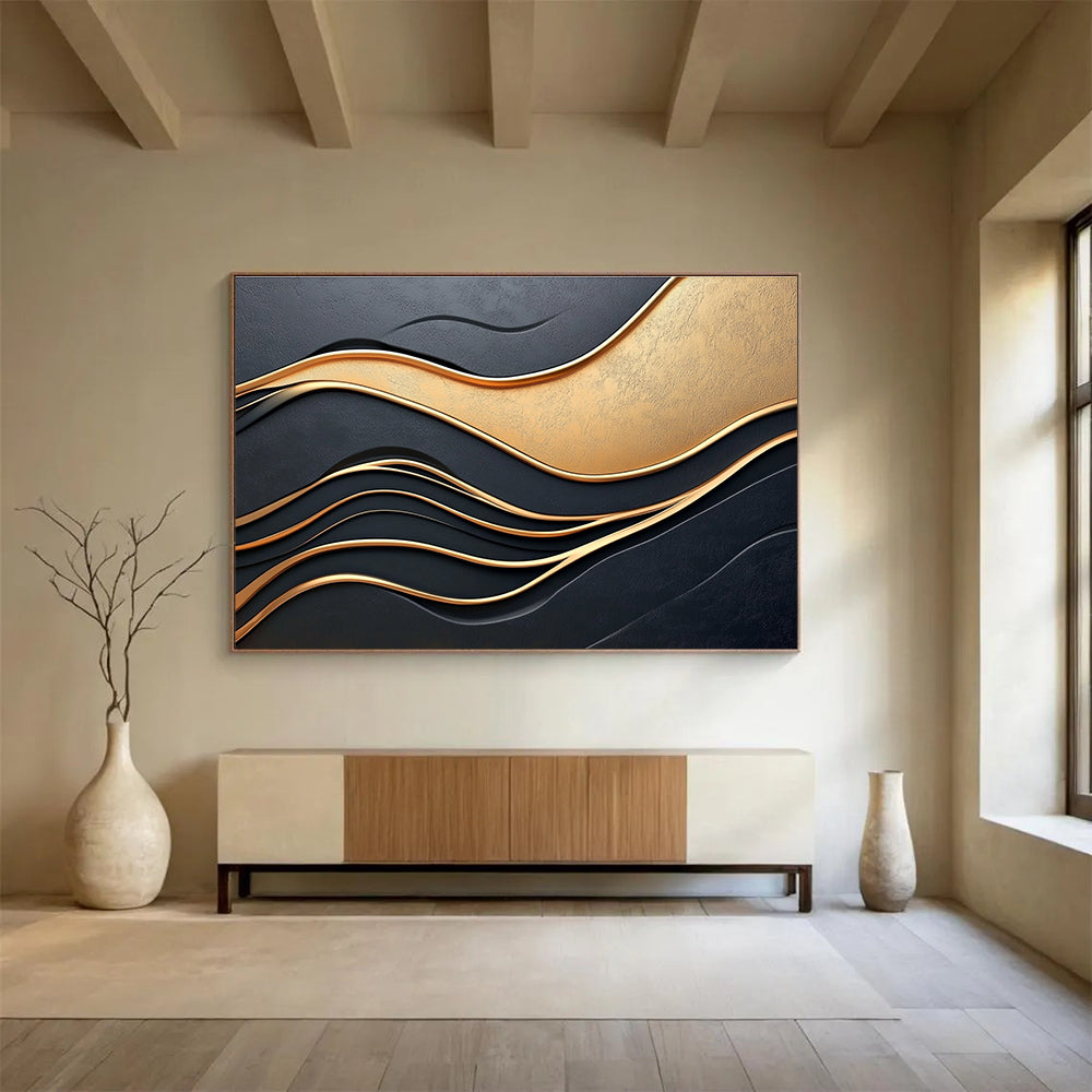 Black and Gold Waves: Luxurious Rhythms in 3D Abstract Painting ABS166
