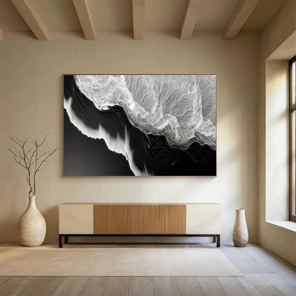 Black - White Wave Abstract Painting for Nautical - Themed Spaces YHT074