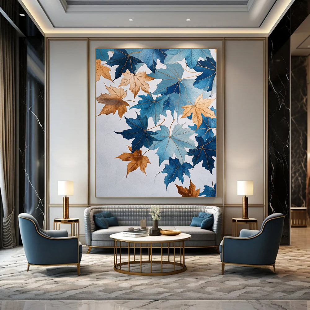 Blue and Gold Leaves Artistic Botanical Abstract Painting GAB0307