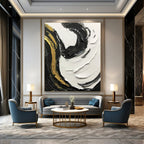 Black - White - Gold Swirl Textured Abstract Painting for Luxury Interiors HENG381