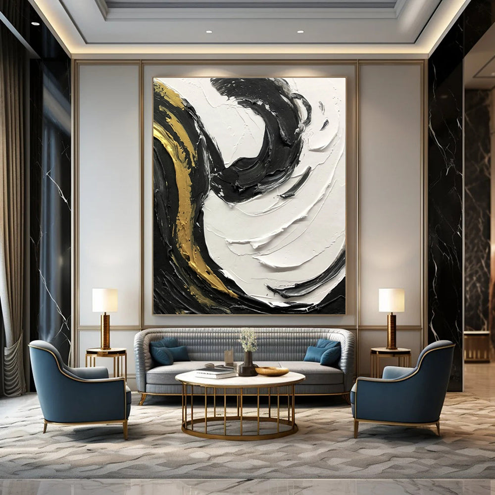 Black - White - Gold Swirl Textured Abstract Painting for Luxury Interiors HENG381