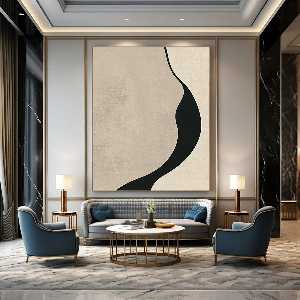 Curved Black and Beige Shape Abstract Painting for Monochrome - Themed Bedrooms GAB1364