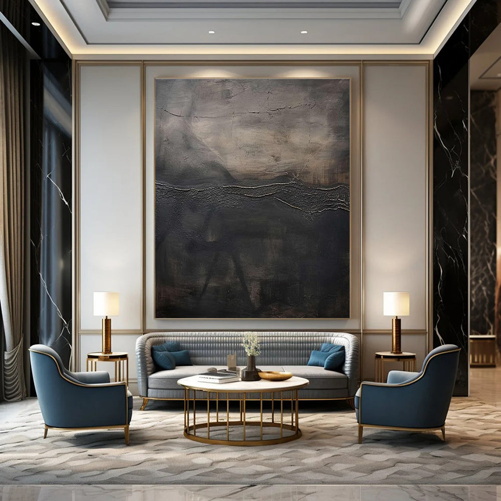 Textured Dark Abstract Landscape Painting for Avant - Garde Art Spaces HENG515