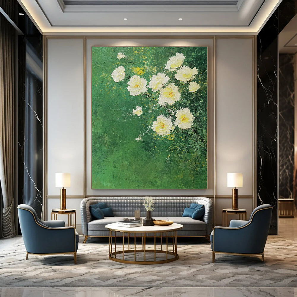 White Roses on Green Impressionistic Abstract Painting GAB0305