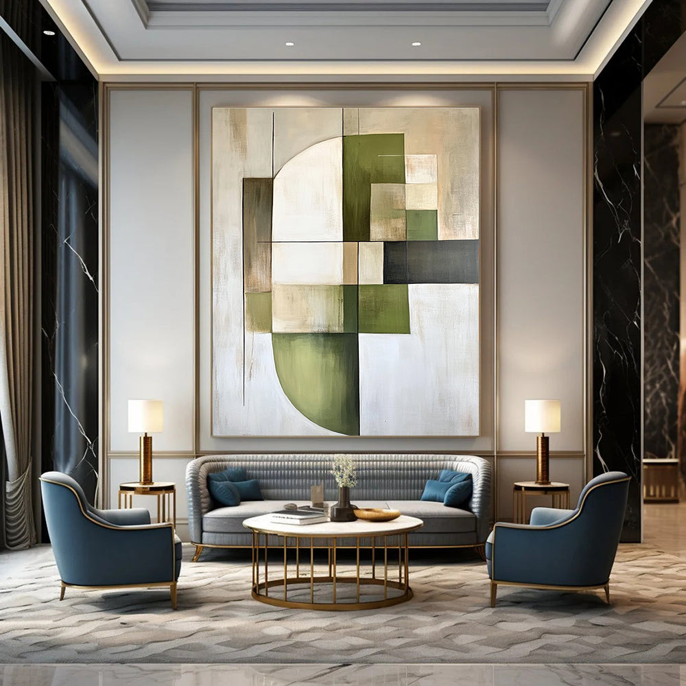 Green and Beige Geometric Abstract Painting for Minimalist - Inspired Offices GAB0903