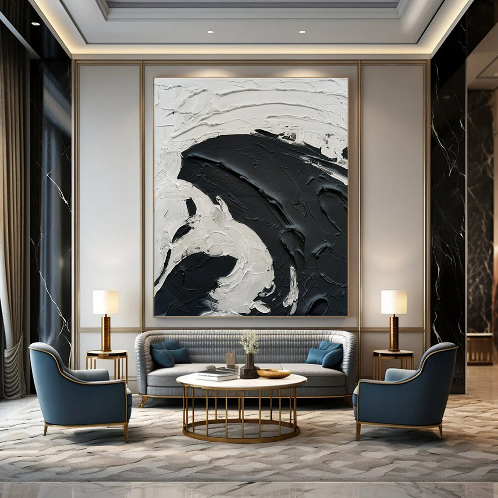 Black - White Swirl Textured Art Abstract Painting for Bold Interiors HENG389