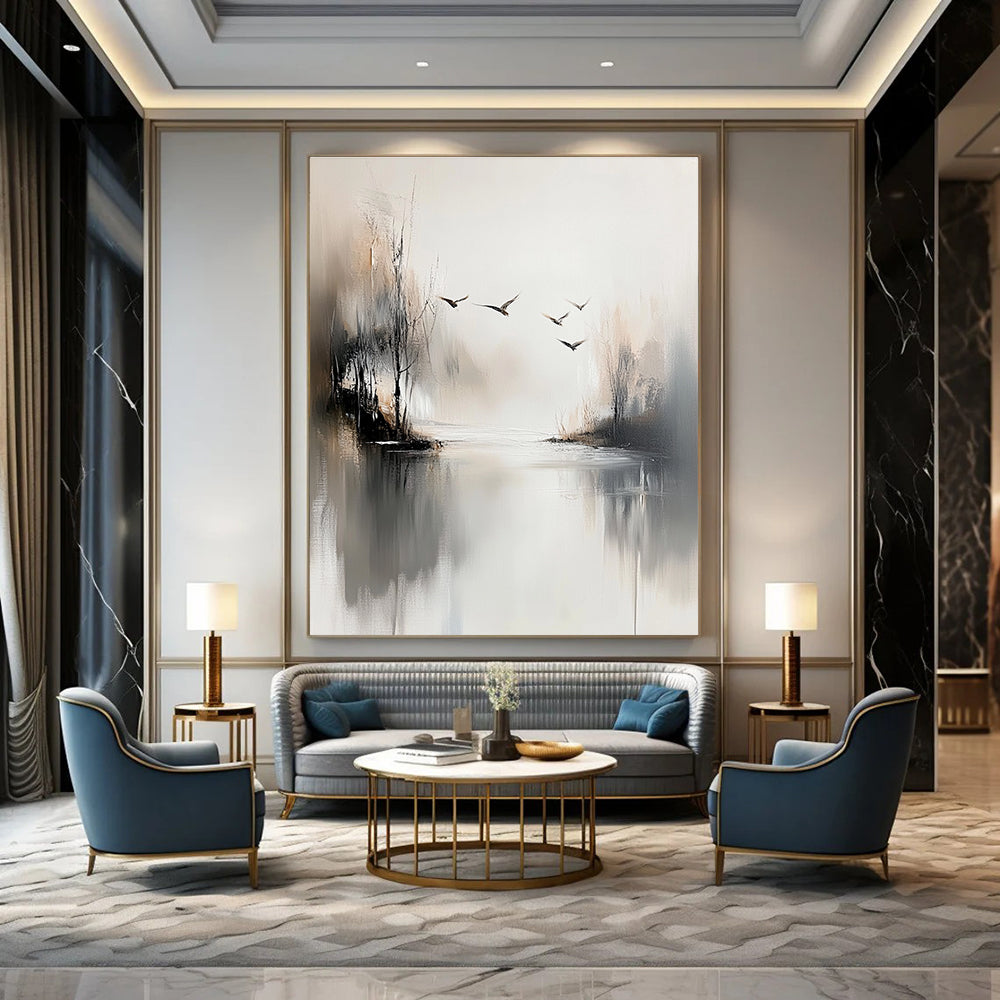 Misty Landscape with Birds Abstract Painting for Serene Meditation Spaces GAB0814