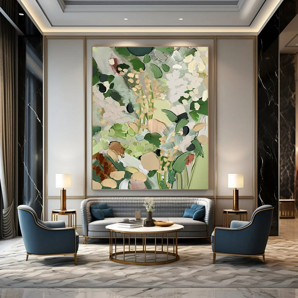 Muted Green Floral Abstract Painting for Minimalist Home Offices HENG426