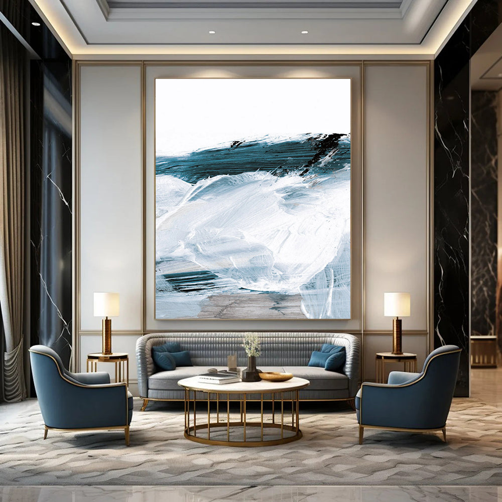 Blue - White Abstract Waves Painting for Coastal - Inspired Home Offices HENG219