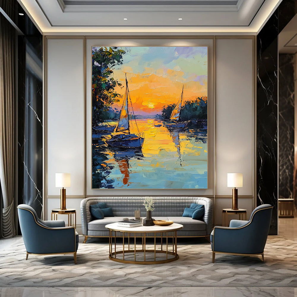 Sunset Sailboats on River Impressionistic Abstract Painting for Relaxing Spaces GAB1463