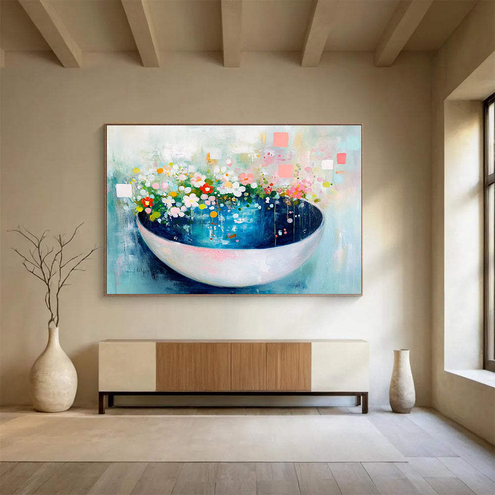 Floral Bowl Abstract Painting with Whimsical, Garden - Inspired Charm ABS494