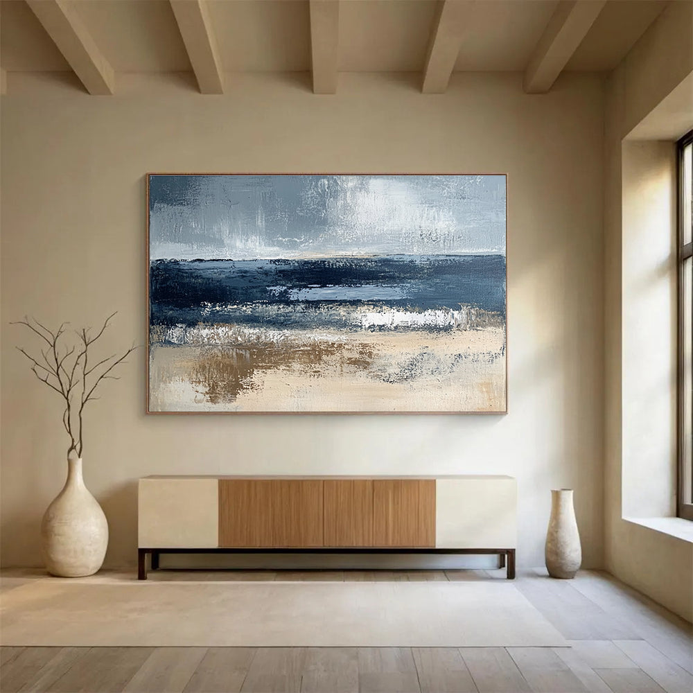 Gray and Blue Abstract Coast with Textured Sea and Sand Abstract Painting ABS362