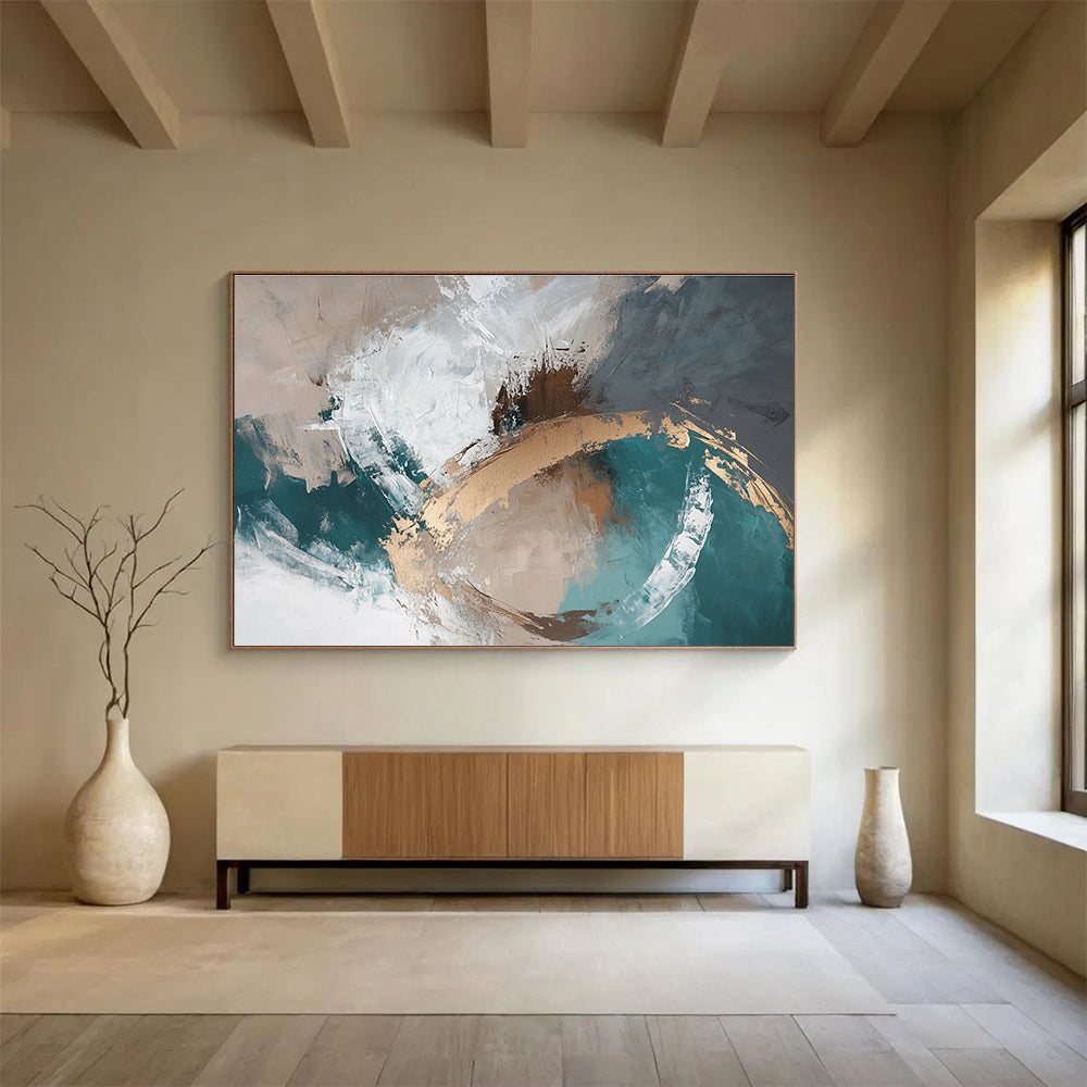 Beige, Teal and Gold Abstract Painting with Textured Layers ABS402