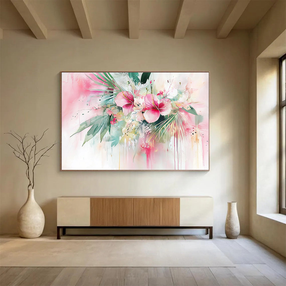Pink Floral Watercolor Abstract Painting with Lively, Dripping Blooms ABS449