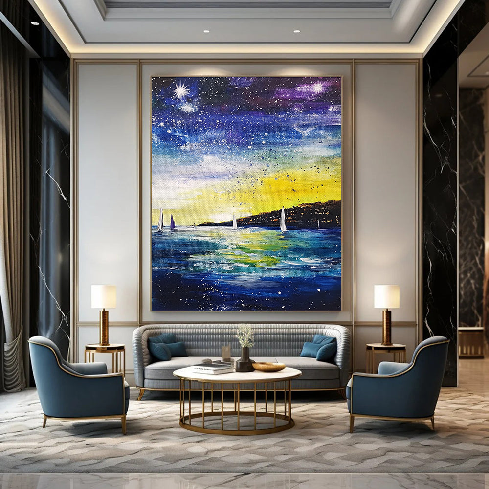 Starry Night Seaside Abstract Painting for Nautical - Themed Bedrooms GAB1263