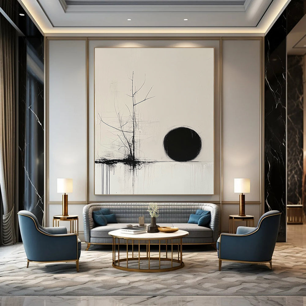 Bare Tree and Black Circle Abstract Painting of Quiet Contemplation GAB0204
