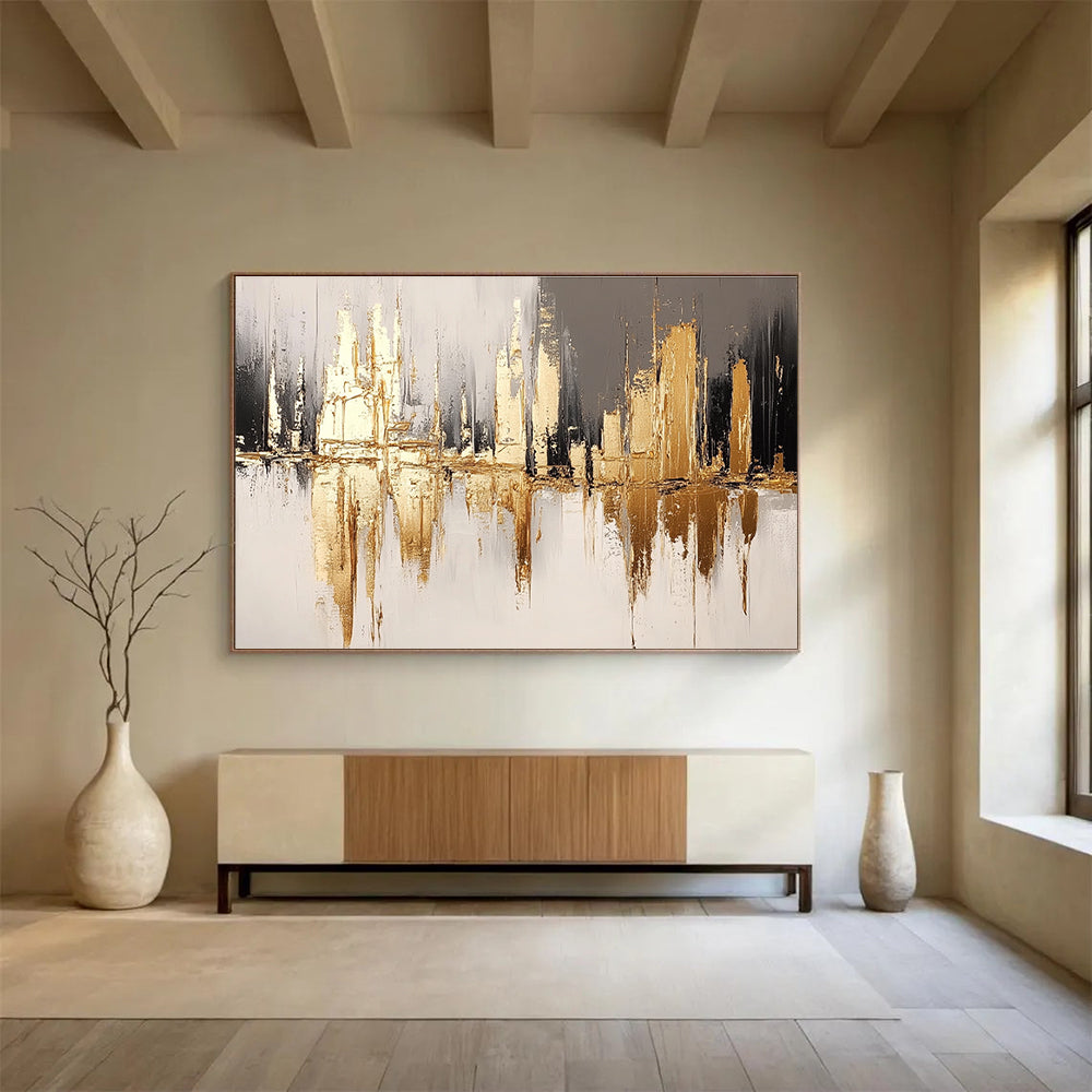 Golden City Reflection with Metallic Accents Abstract Painting ABS311