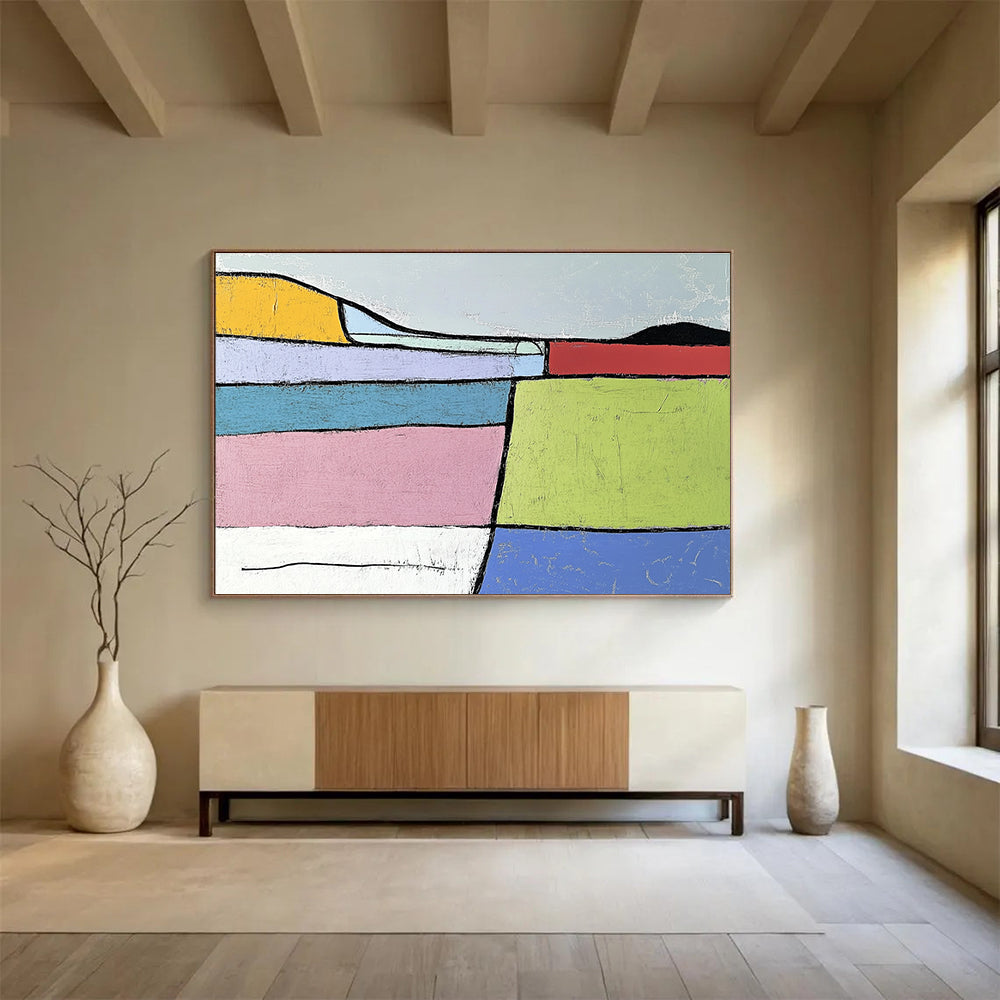 Geometric Color - Blocked Landscape Abstract Painting with Bold Outlines ABS222