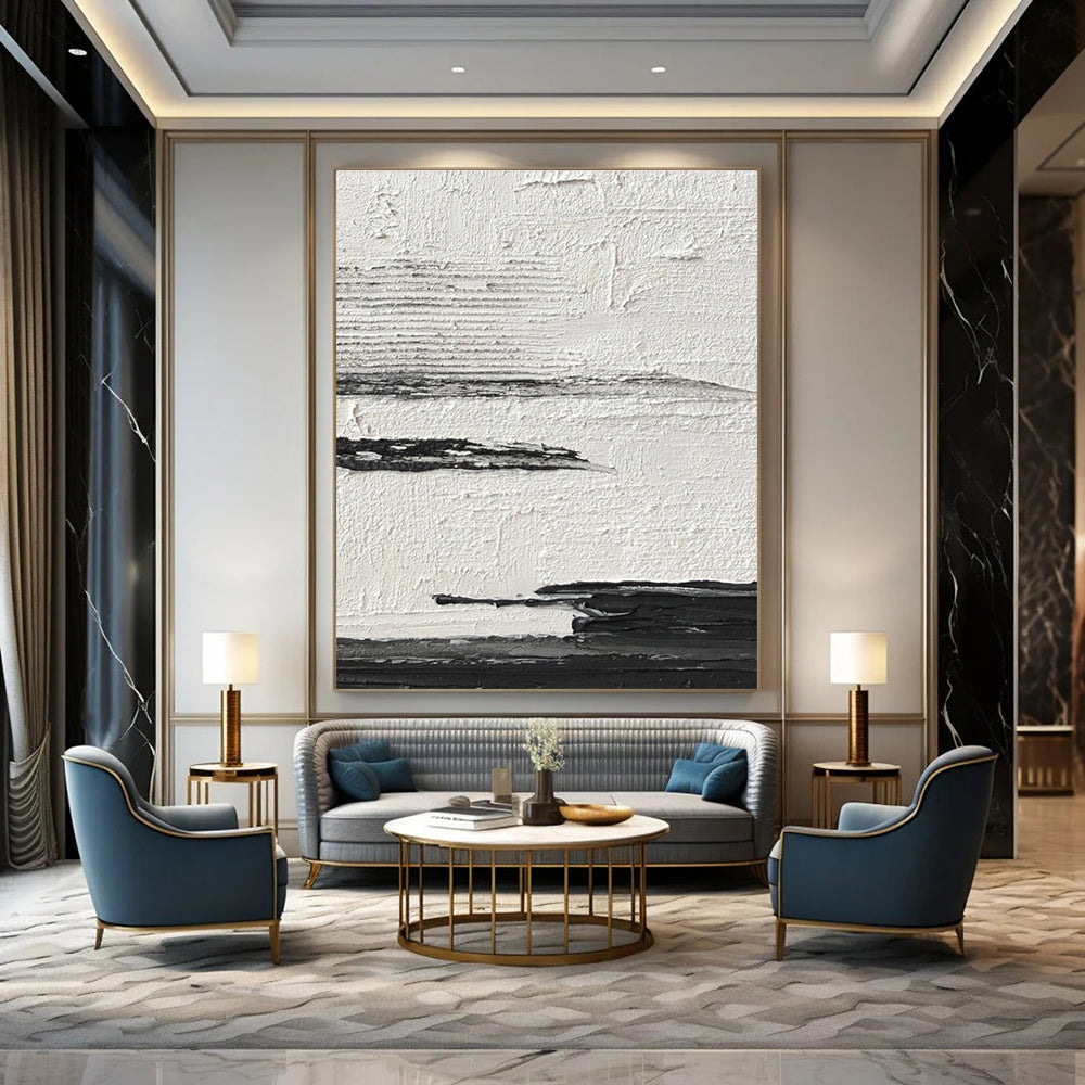 Black and White Textured Horizontal Layers Abstract Painting for Minimalist Bedrooms HENG369
