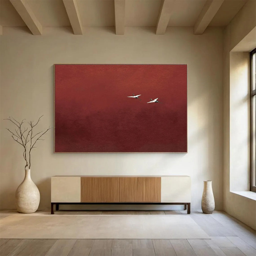 Red - Crane Abstract Painting for Serene Asian - Inspired Spas YHT389