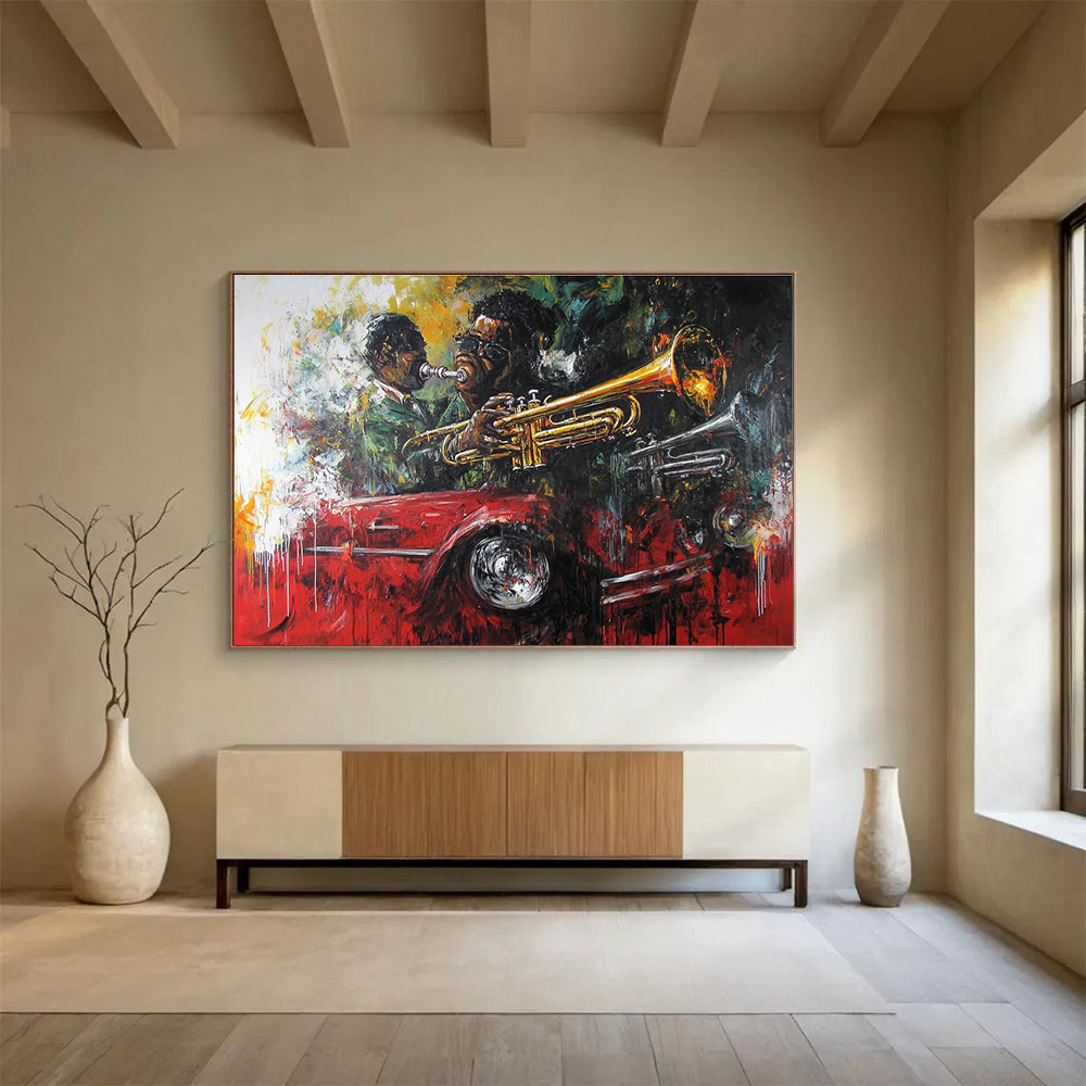 Jazz Musicians and Car Abstract Painting with Dynamic Colors ABS273