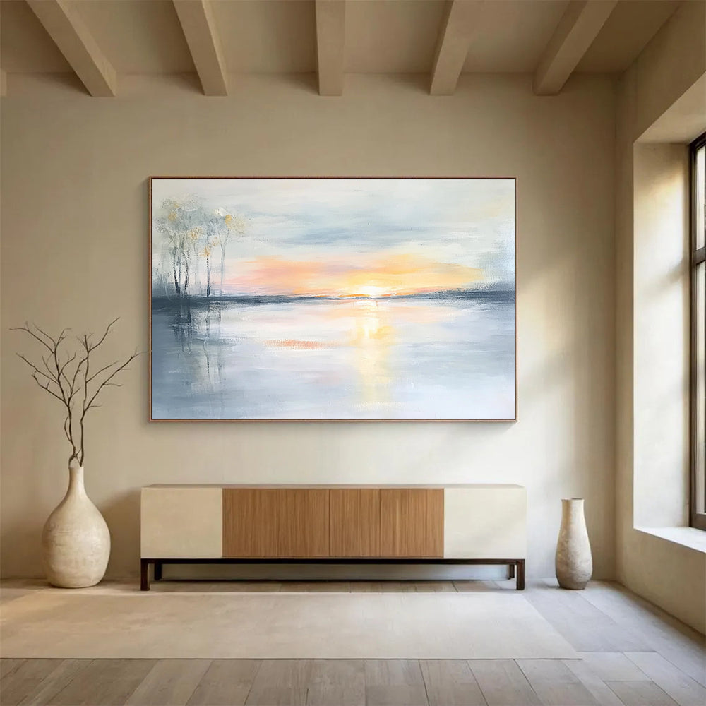 Serene Sunset Lake Abstract Painting with Soft Reflections ABS242