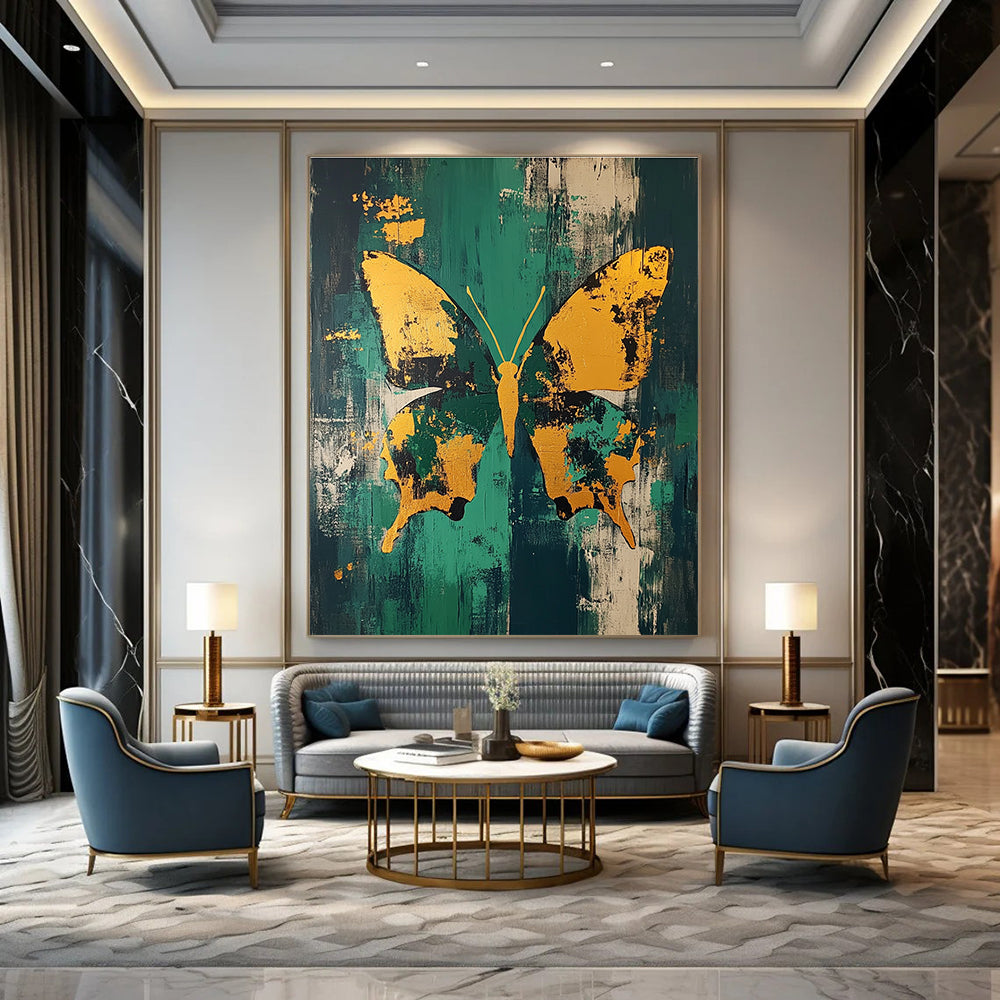 Golden Butterfly on Green Abstract Painting for Lively Interiors GAB0693