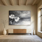 Monochrome Floral and Sea: Contrasting Textures of Flowers and Waves Abstract Painting ABS177
