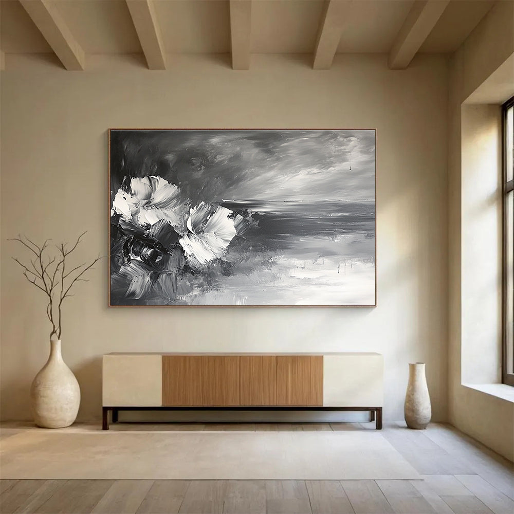 Monochrome Floral and Sea: Contrasting Textures of Flowers and Waves Abstract Painting ABS177