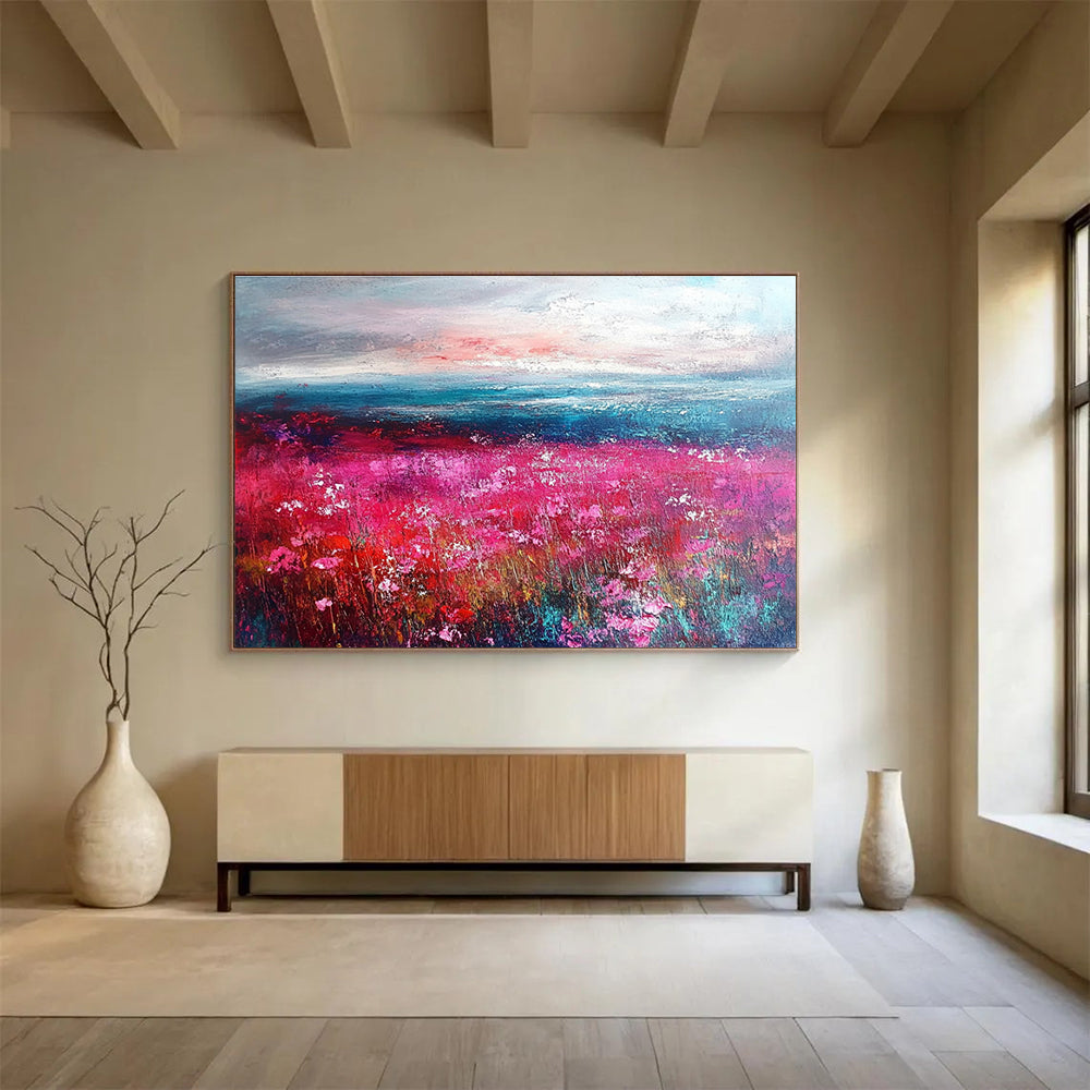 Pink Flower Field and Seascape Abstract Painting with Vivid, Romantic Ambiance ABS472