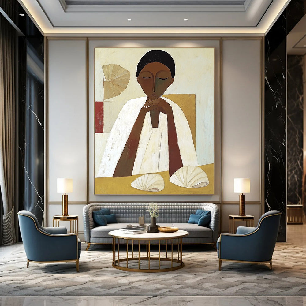 Serene Figure with Shells Cultural Narrative Abstract Painting GAB0269