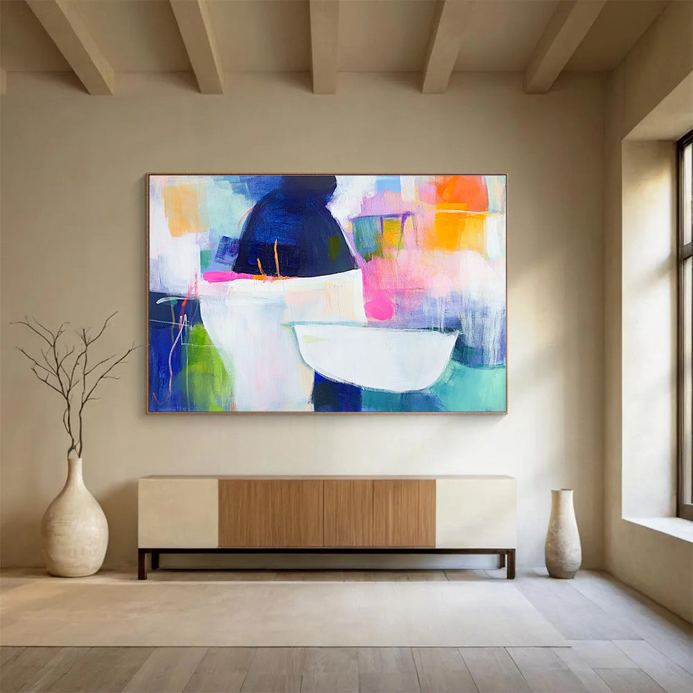 Color Blocked Vessel Abstract Painting with Playful, Minimalist Forms ABS464