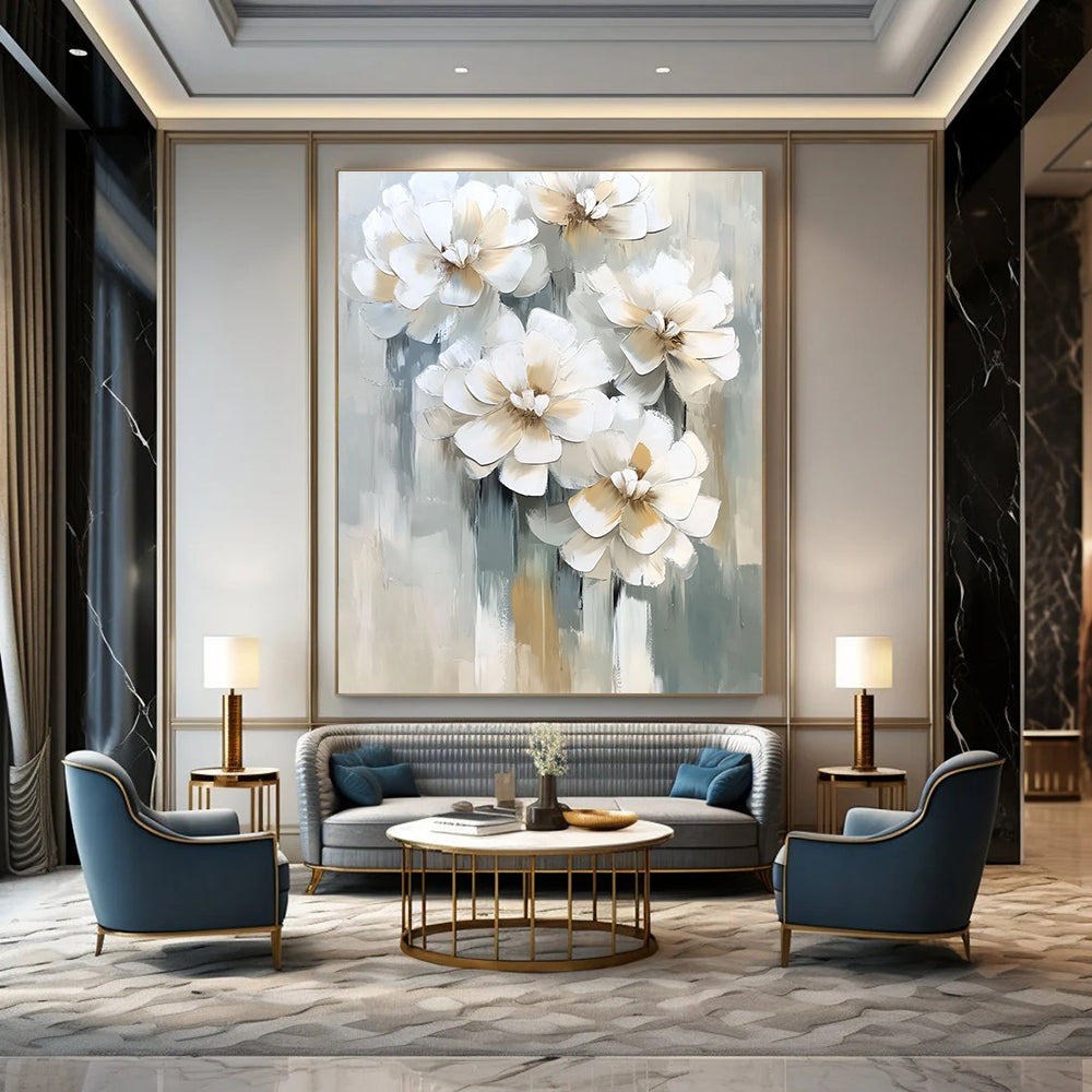 3D White Flowers Contemporary Abstract Painting for Elegant Spaces GAB1523